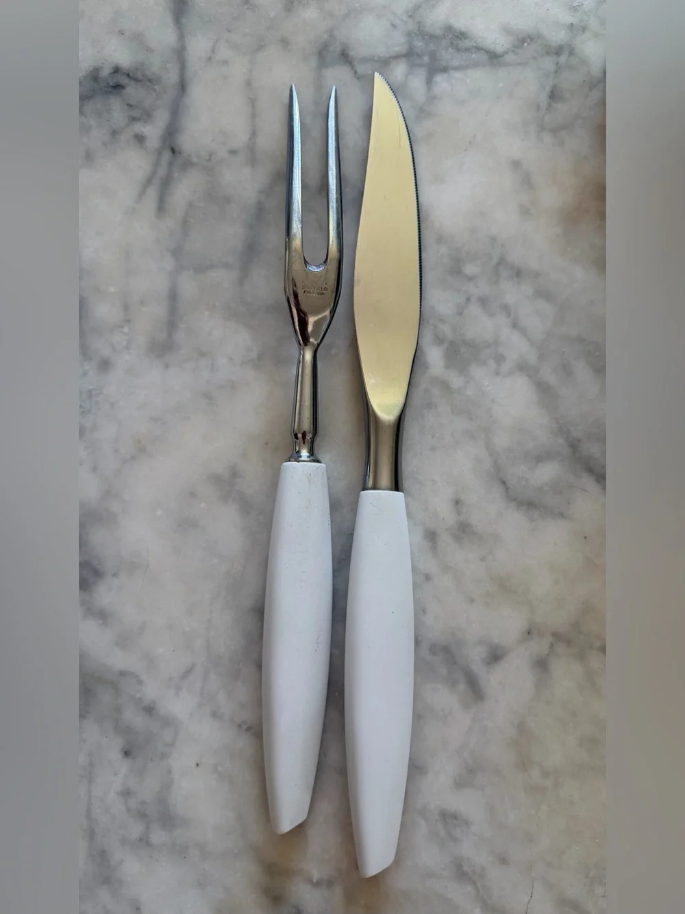 Vintage Mode Danish MCM Carving Set Knife Fork Atomic Starburst White Handles